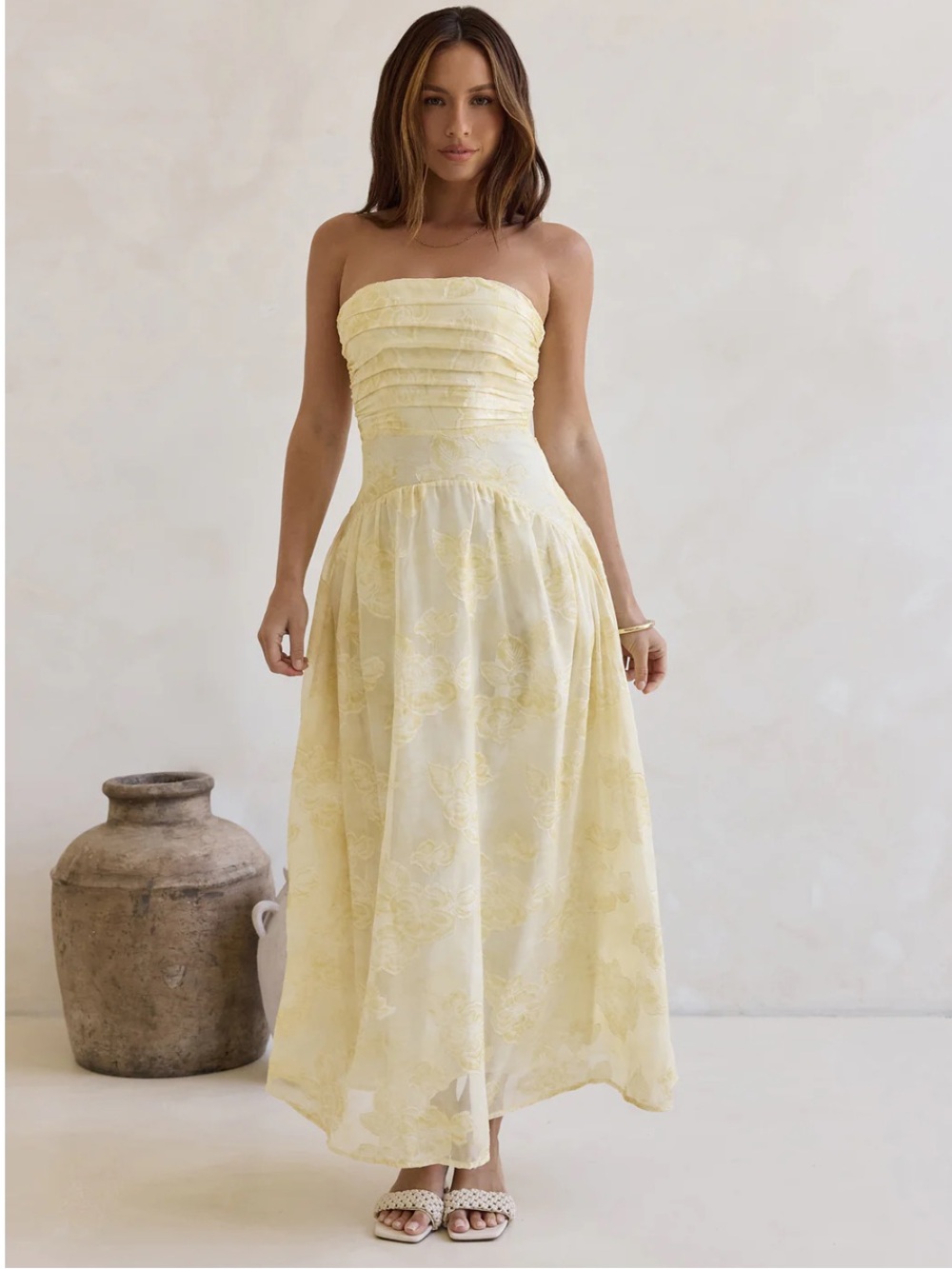 Fortunate One Strapless Yellow Floral Jacquard Maxi Dress
